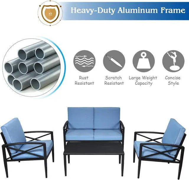 Alt view image 5 of 6 - Costway 4PCS Patio Furniture Set Aluminum Frame Cushioned Sofa Chair Coffee Table Blue