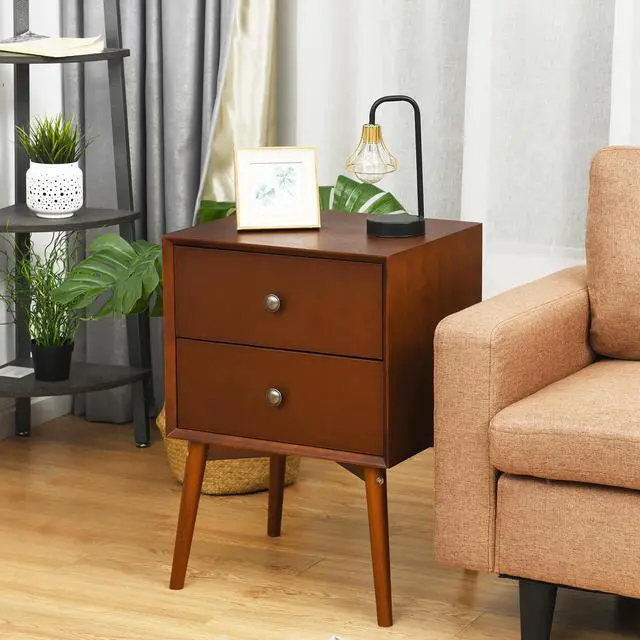 Alt view image 2 of 7 - Costway Nightstand Mid-Century End Side Table 2 Drawers Rubber Wood Legs Living Room