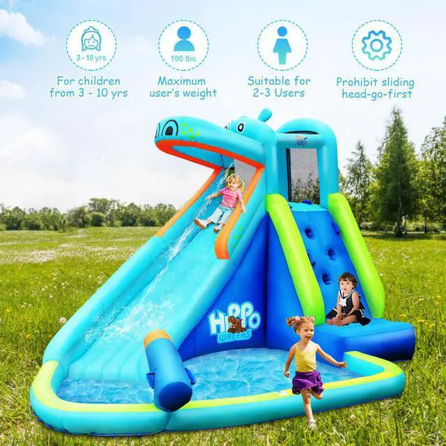 Alt view image 5 of 11 - Costway Inflatable Kids Hippo Bounce House Slide Climbing Wall Splash Pool w/740W Blower