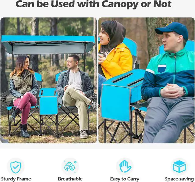 Alt view image 5 of 7 - Goplus Portable Folding Camping Canopy Chairs w/ Cup Holder Cooler Outdoor Blue