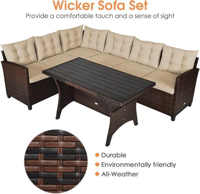 Alt view image 7 of 7 - Costway 3PCS Rattan Dining Set Patio Furniture 6 Seats Sofa Cushioned