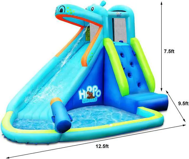 Alt view image 3 of 11 - Costway Inflatable Kids Hippo Bounce House Slide Climbing Wall Splash Pool w/740W Blower