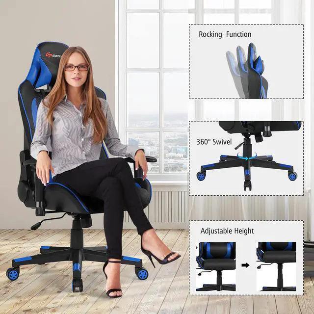 Alt view image 6 of 7 - Massage Gaming Chair Reclining Racing Chair w/Lumbar Support and Headrest Blue
