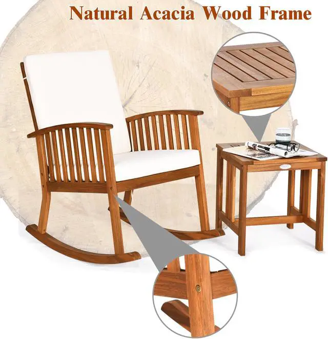 Alt view image 7 of 7 - Costway 2PCS Acacia Wood Patio Rocking Chair Set Cushioned Coffee Table
