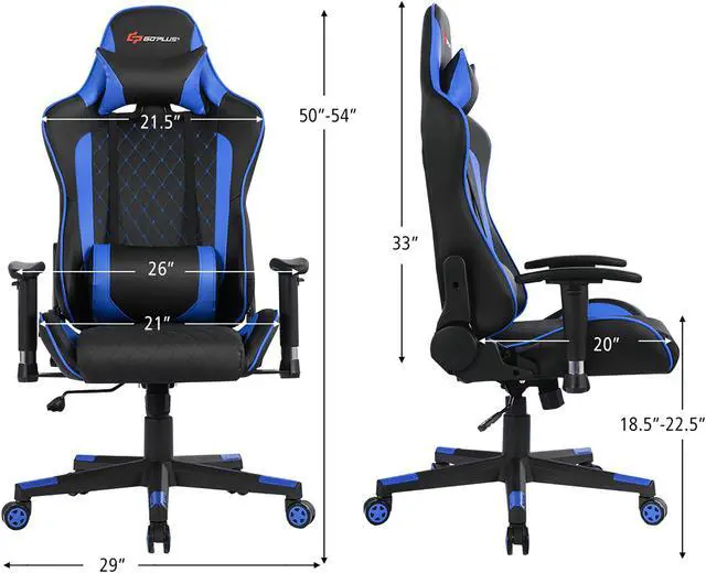 Alt view image 3 of 7 - Massage Gaming Chair Reclining Racing Chair w/Lumbar Support and Headrest Blue