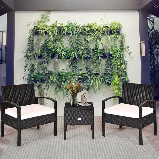 Main image of Costway 3PC Outdoor Patio Rattan Furniture Set Storage Coffee Table Cushioned Sofa White