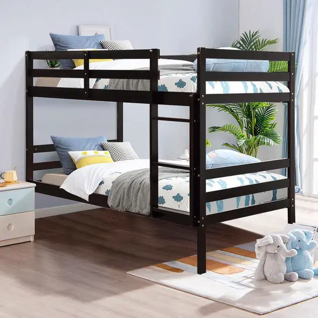 Alt view image 4 of 7 - Costway Twin Over Twin Wood Bunk Beds Ladder Safety Rail Espresso
