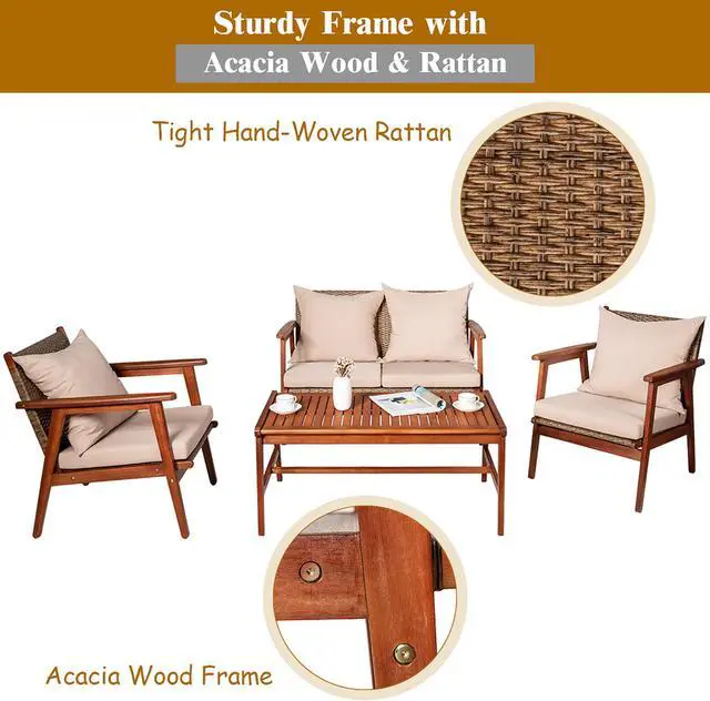 Alt view image 6 of 6 - Costway 8PCS Patio Rattan Furniture Set Acacia Wood Frame Cushioned Sofa Chair Garden