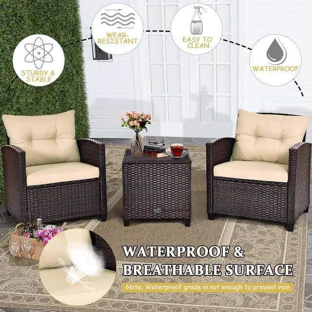 Alt view image 6 of 7 - Costway 3PCS Patio Rattan Furniture Set Cushioned Conversation Set Sofa Coffee Table Beige