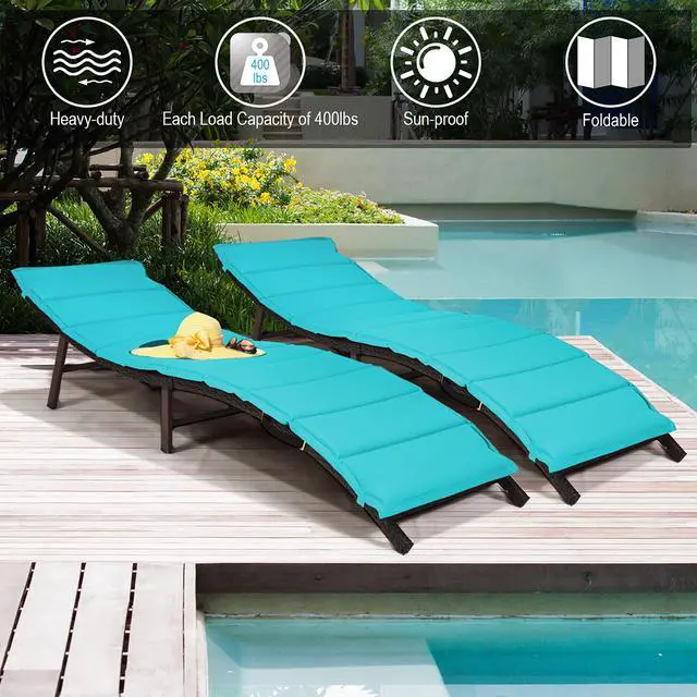Alt view image 5 of 7 - Costway 2PCS Patio Rattan Folding Lounge Chair Chaise Double Sided Cushion Turquoise