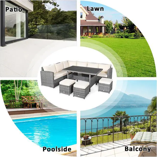 Alt view image 6 of 7 - Costway 7 PCS Patio Rattan Dining Set Sectional Sofa Couch Ottoman Garden White