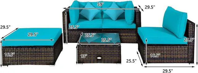 Alt view image 4 of 7 - Costway 5PCS Outdoor Patio Rattan Furniture Set Sectional Conversation Turquoise Cushion