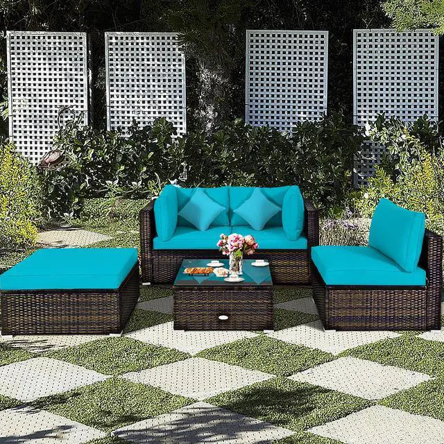 Alt view image 2 of 7 - Costway 5PCS Outdoor Patio Rattan Furniture Set Sectional Conversation Turquoise Cushion