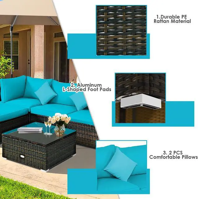 Alt view image 6 of 7 - Costway 5PCS Outdoor Patio Rattan Furniture Set Sectional Conversation Turquoise Cushion
