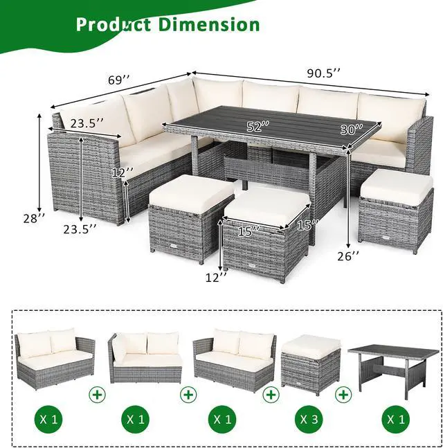 Alt view image 4 of 7 - Costway 7 PCS Patio Rattan Dining Set Sectional Sofa Couch Ottoman Garden White