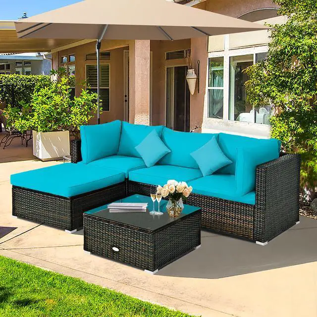 Alt view image 3 of 7 - Costway 5PCS Outdoor Patio Rattan Furniture Set Sectional Conversation Turquoise Cushion