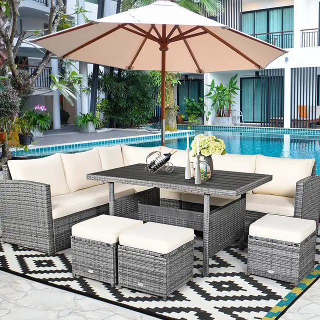 Main image of Costway 7 PCS Patio Rattan Dining Set Sectional Sofa Couch Ottoman Garden White