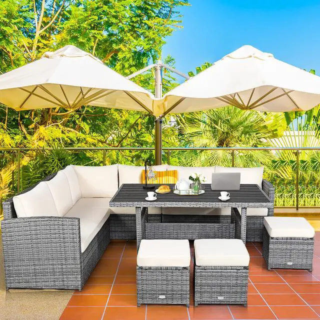 Alt view image 3 of 7 - Costway 7 PCS Patio Rattan Dining Set Sectional Sofa Couch Ottoman Garden White