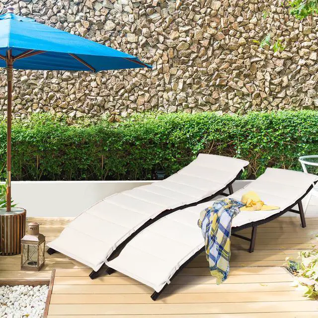 Alt view image 2 of 7 - Costway 2PCS Patio Rattan Folding Lounge Chair Stackable Double Sided Cushion Outdoor Red
