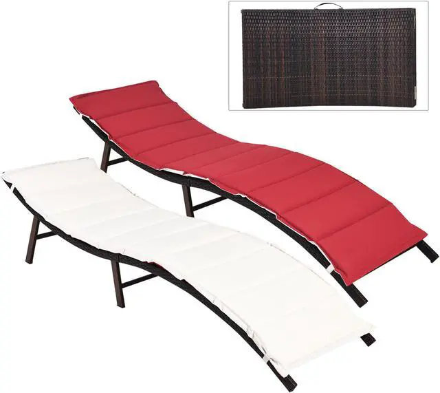 Alt view image 4 of 7 - Costway 2PCS Patio Rattan Folding Lounge Chair Stackable Double Sided Cushion Outdoor Red