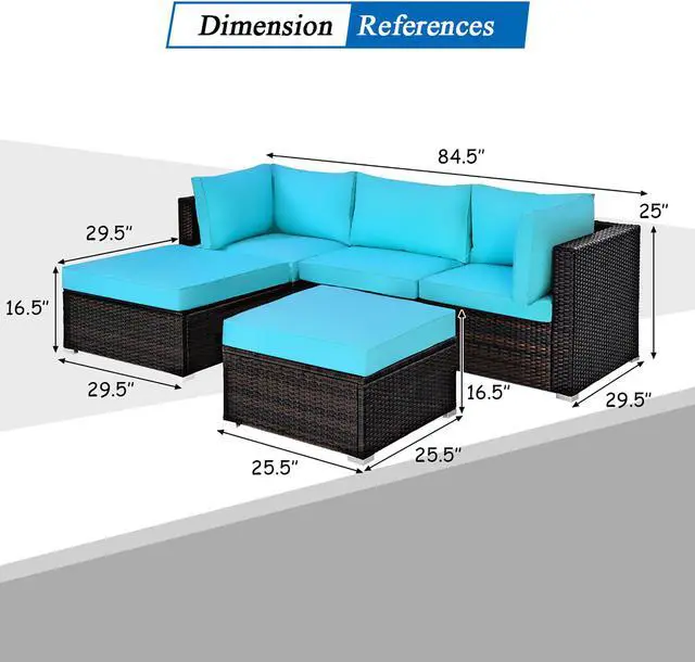 Alt view image 4 of 7 - Costway 5PCS Patio Rattan Sectional Conversation Set Ottoman Turquoise