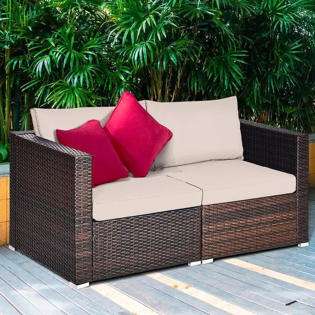 Alt view image 4 of 6 - Costway 2PCS Patio Rattan Corner Sofa Sectional Furniture Beige Cushion
