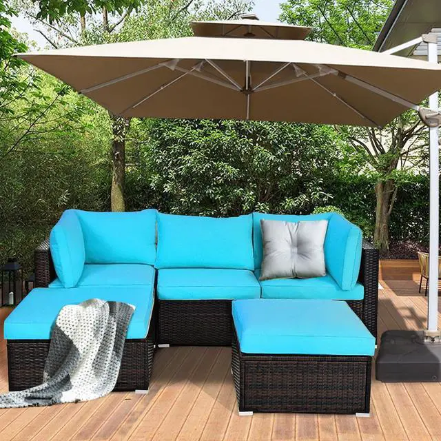 Alt view image 5 of 7 - Costway 5PCS Patio Rattan Sectional Conversation Set Ottoman Turquoise