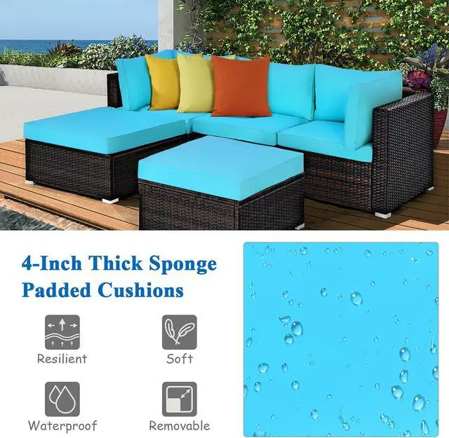 Alt view image 2 of 7 - Costway 5PCS Patio Rattan Sectional Conversation Set Ottoman Turquoise