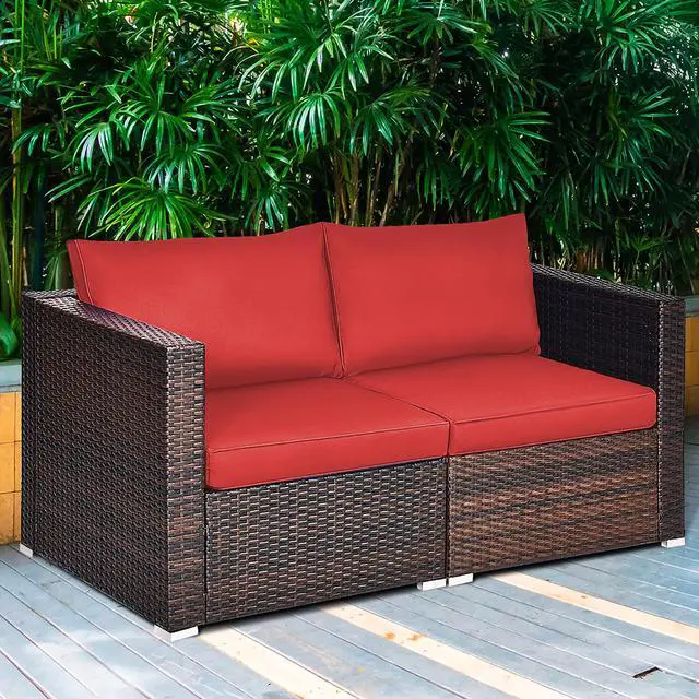 Alt view image 2 of 6 - Costway 2PCS Patio Rattan Corner Sofa Sectional Furniture Set Red Cushion