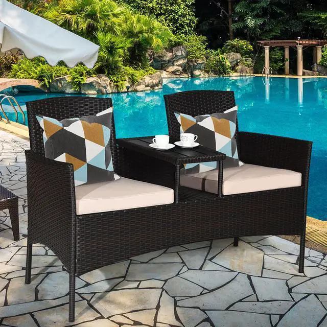Alt view image 5 of 7 - Costway Patented Patio Rattan Conversation Set Loveseat Sofa Cushioned Coffee Table Mix Brown