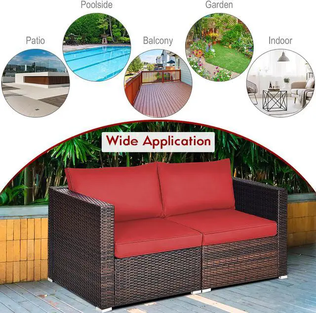 Alt view image 4 of 6 - Costway 2PCS Patio Rattan Corner Sofa Sectional Furniture Set Red Cushion