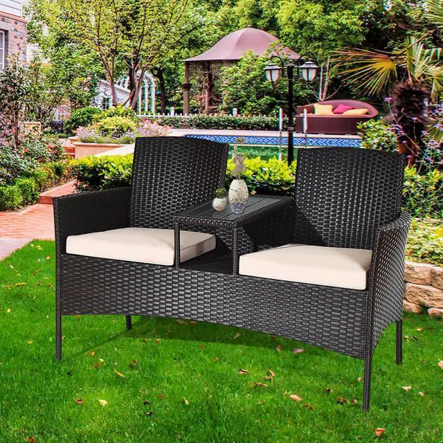 Main image of Costway Patented Patio Rattan Conversation Set Loveseat Sofa Cushioned Coffee Table Mix Brown