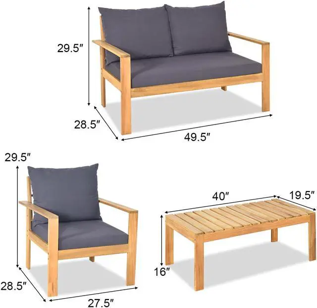 Alt view image 3 of 7 - Costway 8PCS Patio Furniture Set Acacia Wood Thick Cushion Loveseat Sofa Garden