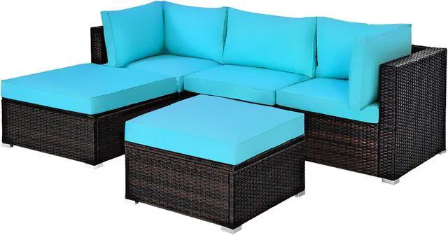 Alt view image 3 of 7 - Costway 5PCS Patio Rattan Sectional Conversation Set Ottoman Turquoise