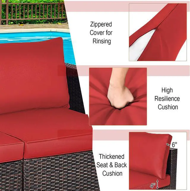 Alt view image 5 of 6 - Costway 2PCS Patio Rattan Corner Sofa Sectional Furniture Set Red Cushion