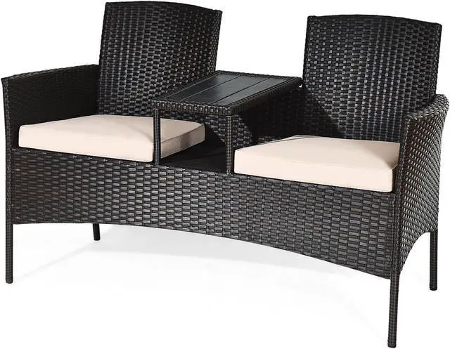 Alt view image 2 of 7 - Costway Patented Patio Rattan Conversation Set Loveseat Sofa Cushioned Coffee Table Mix Brown