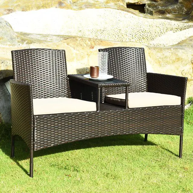 Alt view image 4 of 7 - Costway Patented Patio Rattan Conversation Set Loveseat Sofa Cushioned Coffee Table Mix Brown