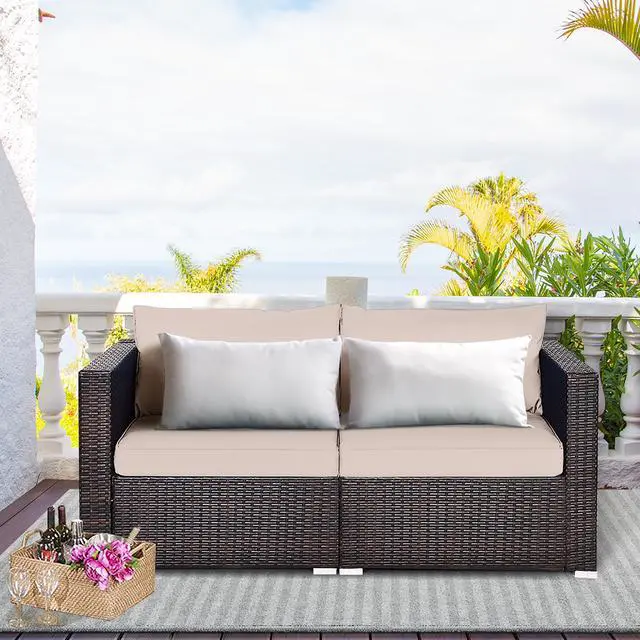 Alt view image 3 of 6 - Costway 2PCS Patio Rattan Corner Sofa Sectional Furniture Beige Cushion