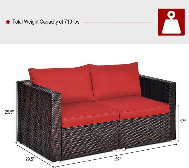 Alt view image 3 of 6 - Costway 2PCS Patio Rattan Corner Sofa Sectional Furniture Set Red Cushion
