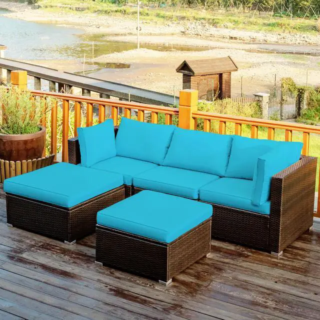 Main image of Costway 5PCS Patio Rattan Sectional Conversation Set Ottoman Turquoise