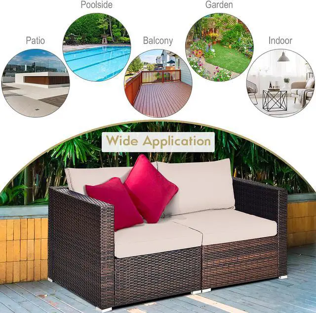 Alt view image 5 of 6 - Costway 2PCS Patio Rattan Corner Sofa Sectional Furniture Beige Cushion