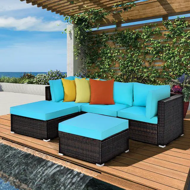 Alt view image 6 of 7 - Costway 5PCS Patio Rattan Sectional Conversation Set Ottoman Turquoise