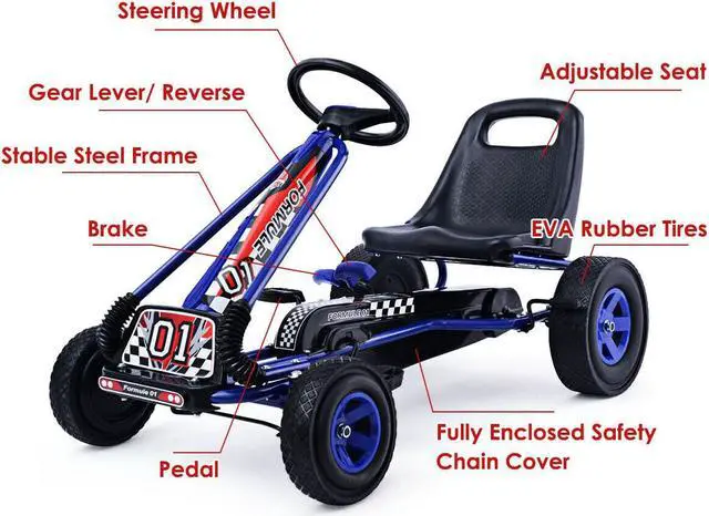 Alt view image 6 of 7 - Costway 4 Wheels Kids Ride On Pedal Powered Bike Go Kart Racer Car Outdoor Play Toy Blue