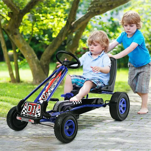 Alt view image 2 of 7 - Costway 4 Wheels Kids Ride On Pedal Powered Bike Go Kart Racer Car Outdoor Play Toy Blue