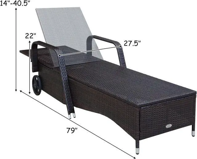 Alt view image 3 of 7 - Costway Outdoor Chaise Lounge Chair Recliner Cushioned Patio Furniture Adjustable Wheels Brown