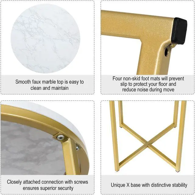 Alt view image 7 of 7 - Costway 2 PCS Round Side End Coffee Table Nightstand Faux Marble Top Metal Frame