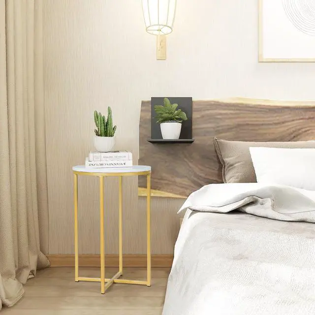 Alt view image 5 of 7 - Costway 2 PCS Round Side End Coffee Table Nightstand Faux Marble Top Metal Frame