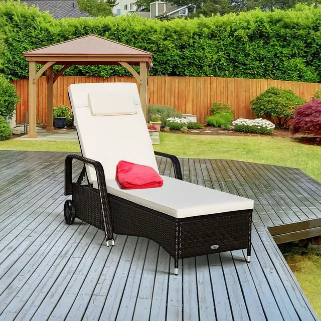 Alt view image 4 of 7 - Costway Outdoor Chaise Lounge Chair Recliner Cushioned Patio Furniture Adjustable Wheels Brown