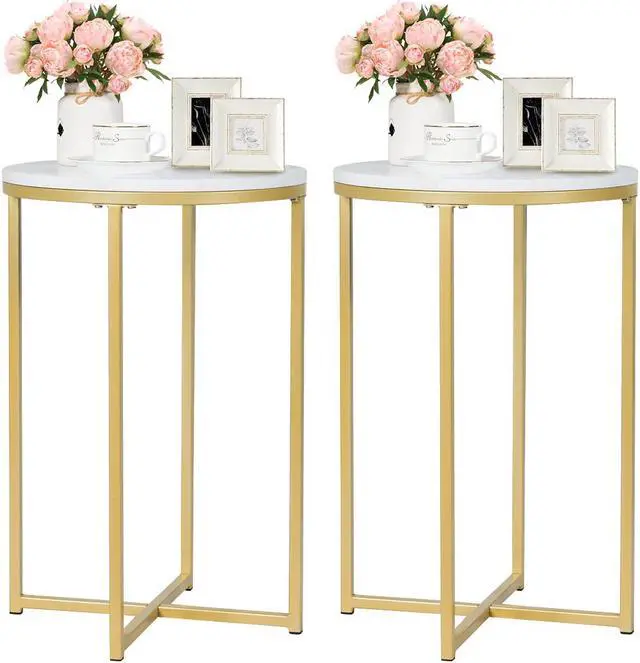 Main image of Costway 2 PCS Round Side End Coffee Table Nightstand Faux Marble Top Metal Frame