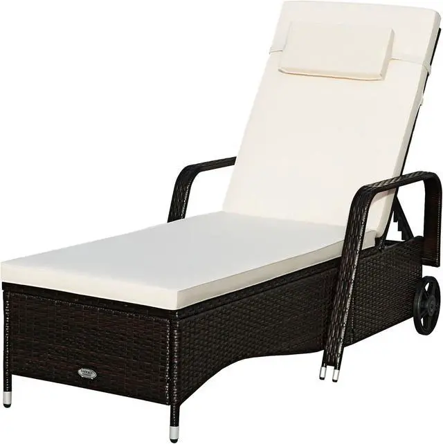 Alt view image 2 of 7 - Costway Outdoor Chaise Lounge Chair Recliner Cushioned Patio Furniture Adjustable Wheels Brown